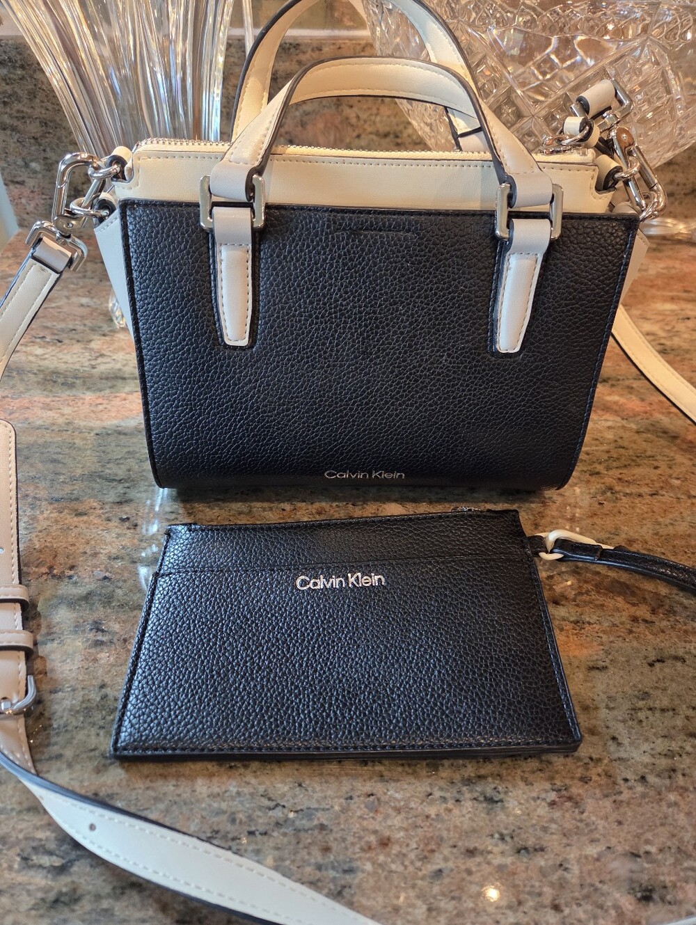 Calvin Klein Black and Cream Small Satchel And Wristlet